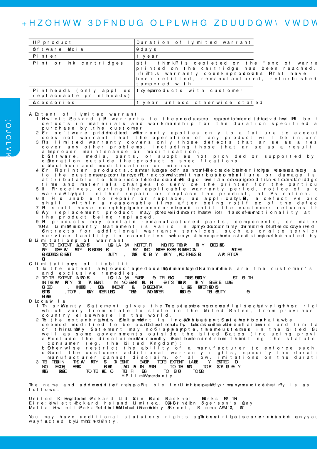 HP Pro 6830, Pro 6835 manual Hewlett-Packard limited warranty statement, HP product Duration of limited warranty 