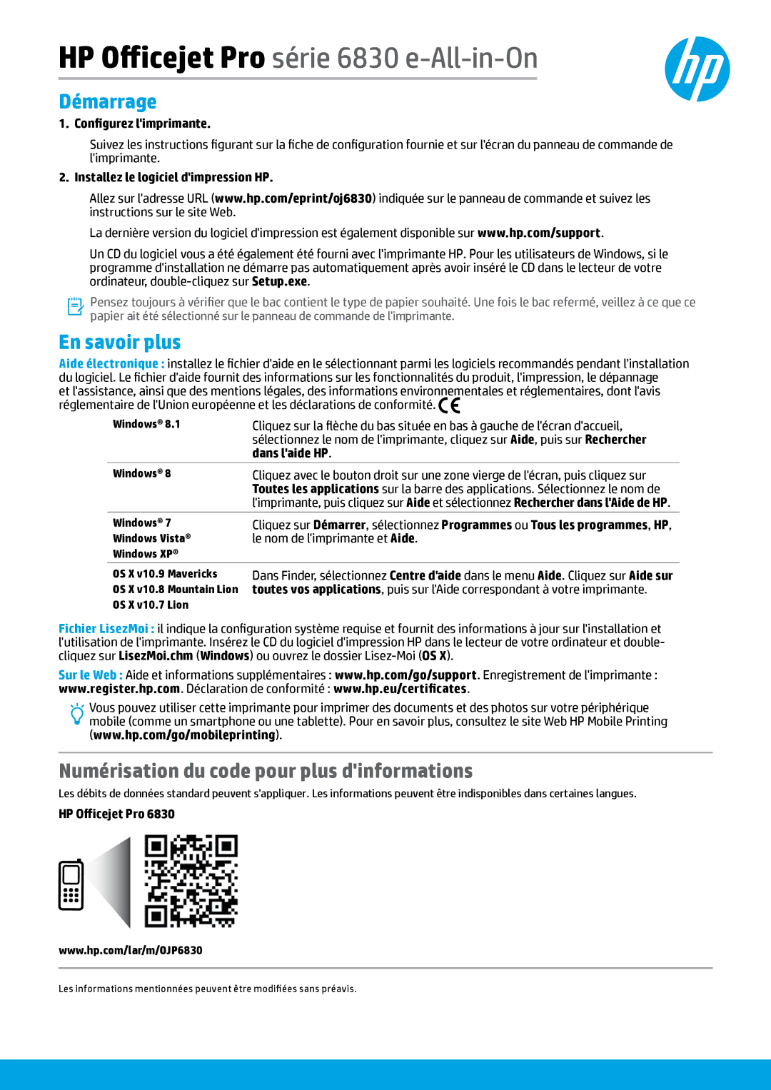 HP Pro 6835, Pro 6830 manual Démarrage, En savoir plus, Numérisation du code pour plus dinformations 