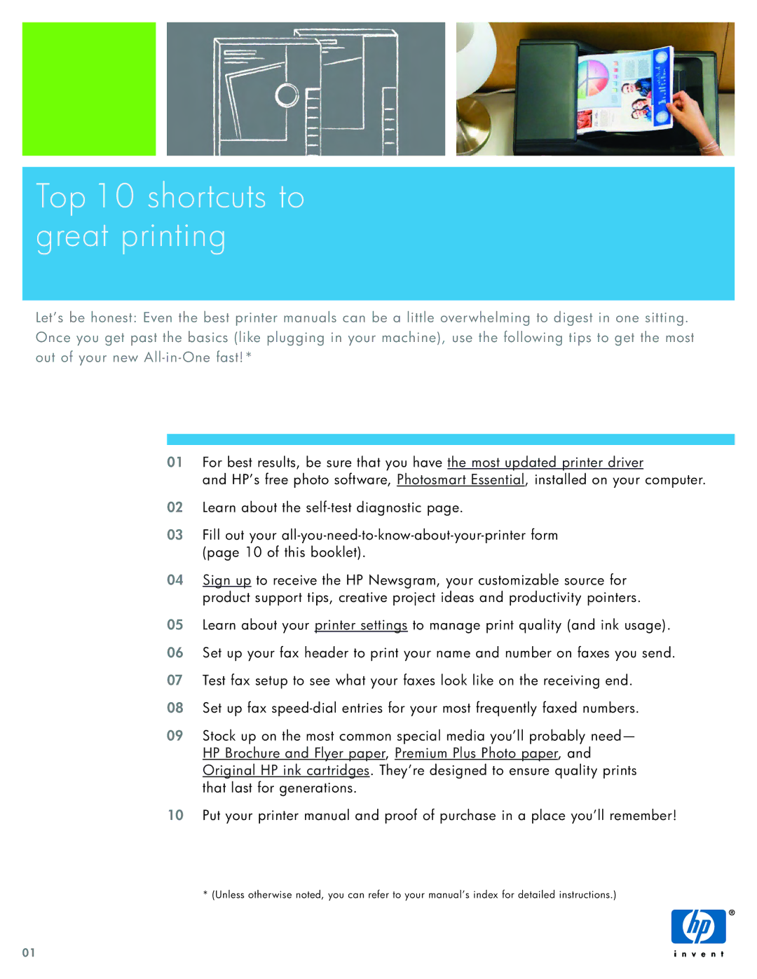 HP Pro 7500 manual Top 10 shortcuts to great printing 