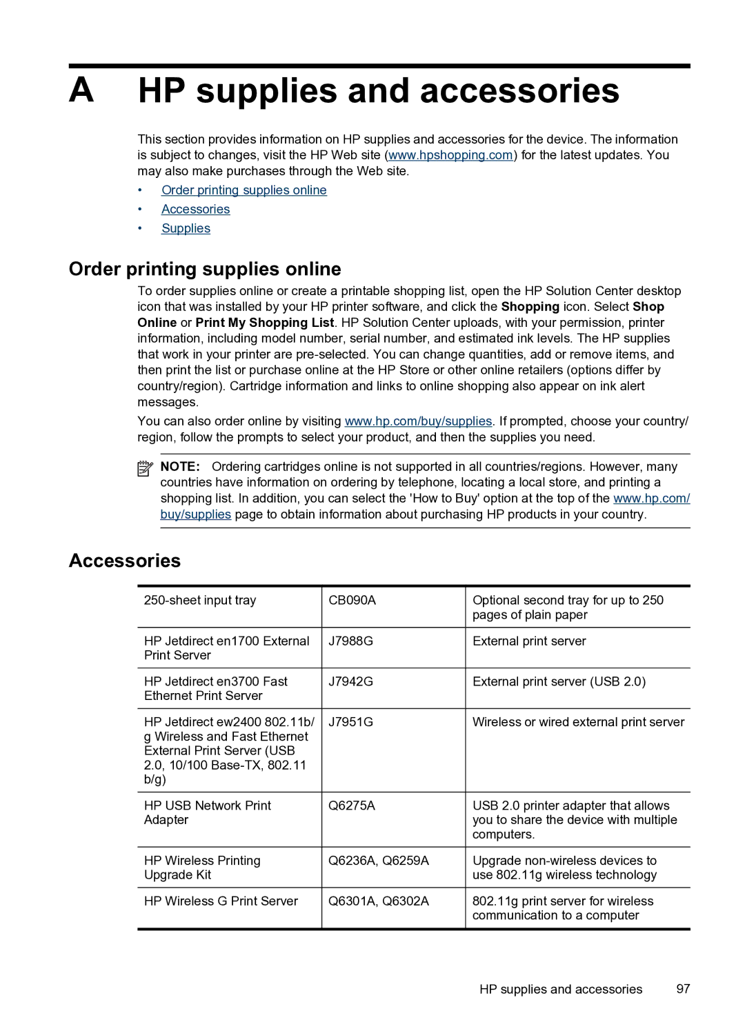 HP Pro 8000 C9297A#B1H manual HP supplies and accessories, Order printing supplies online, Accessories 