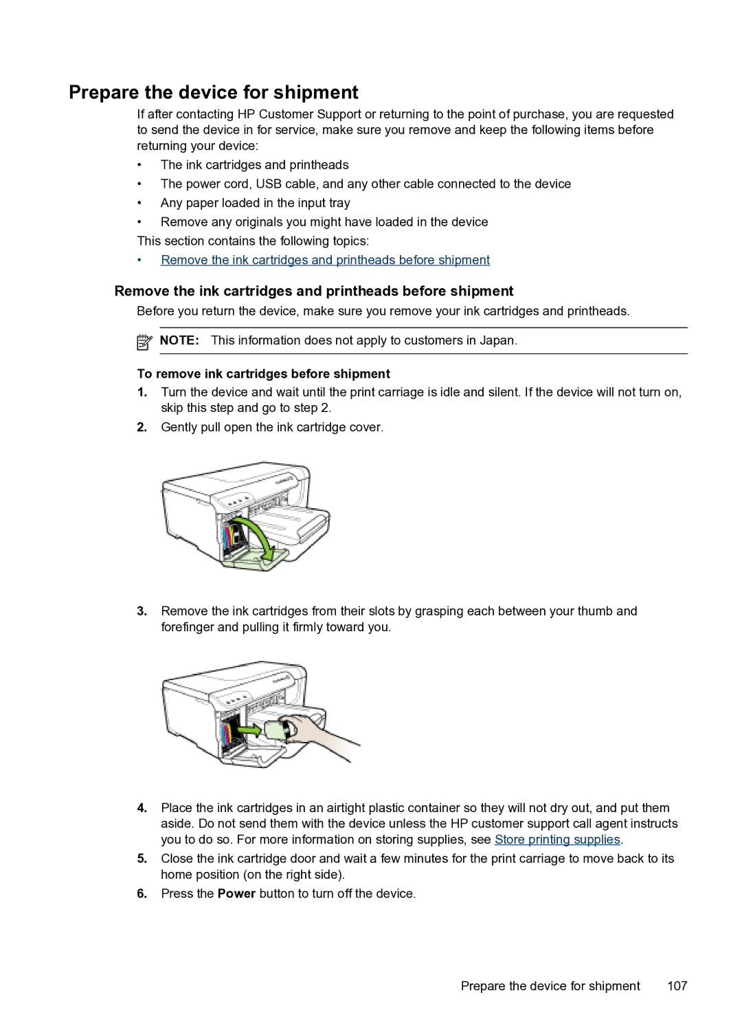 HP Pro 8000 C9297A#B1H manual Prepare the device for shipment, Remove the ink cartridges and printheads before shipment 