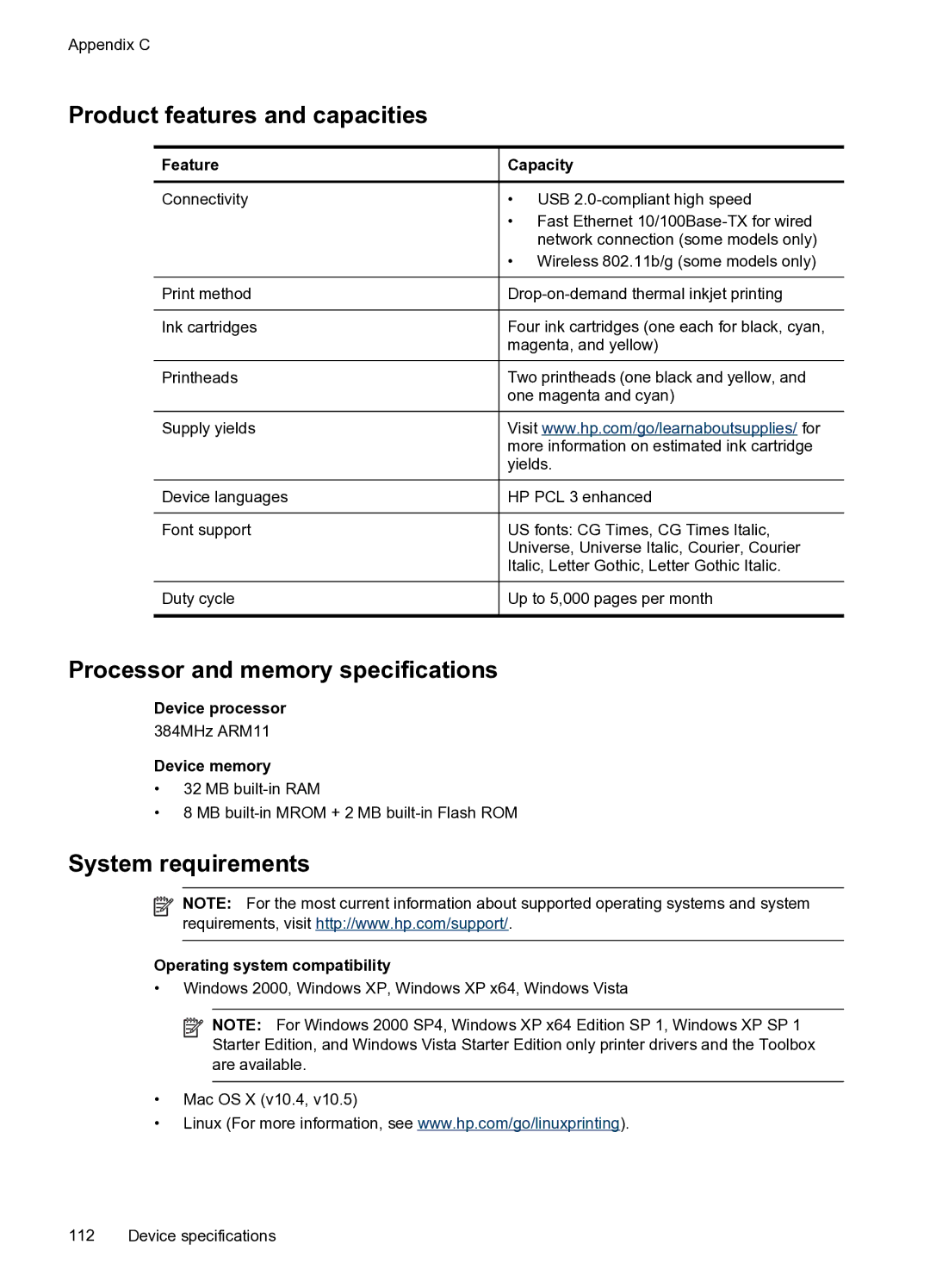 HP Pro 8000 C9297A#B1H manual Product features and capacities, Processor and memory specifications, System requirements 