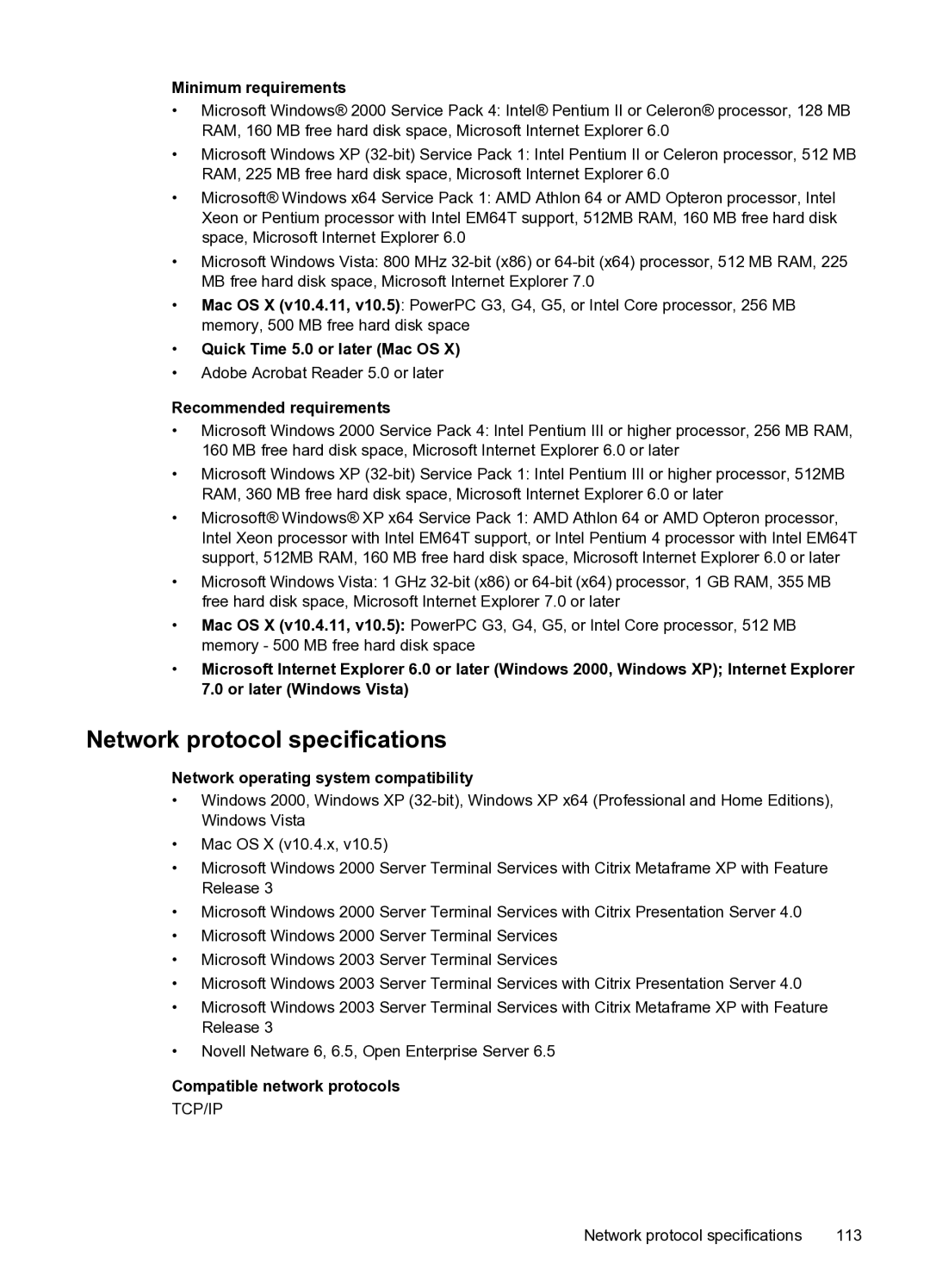 HP Pro 8000 C9297A#B1H manual Network protocol specifications 