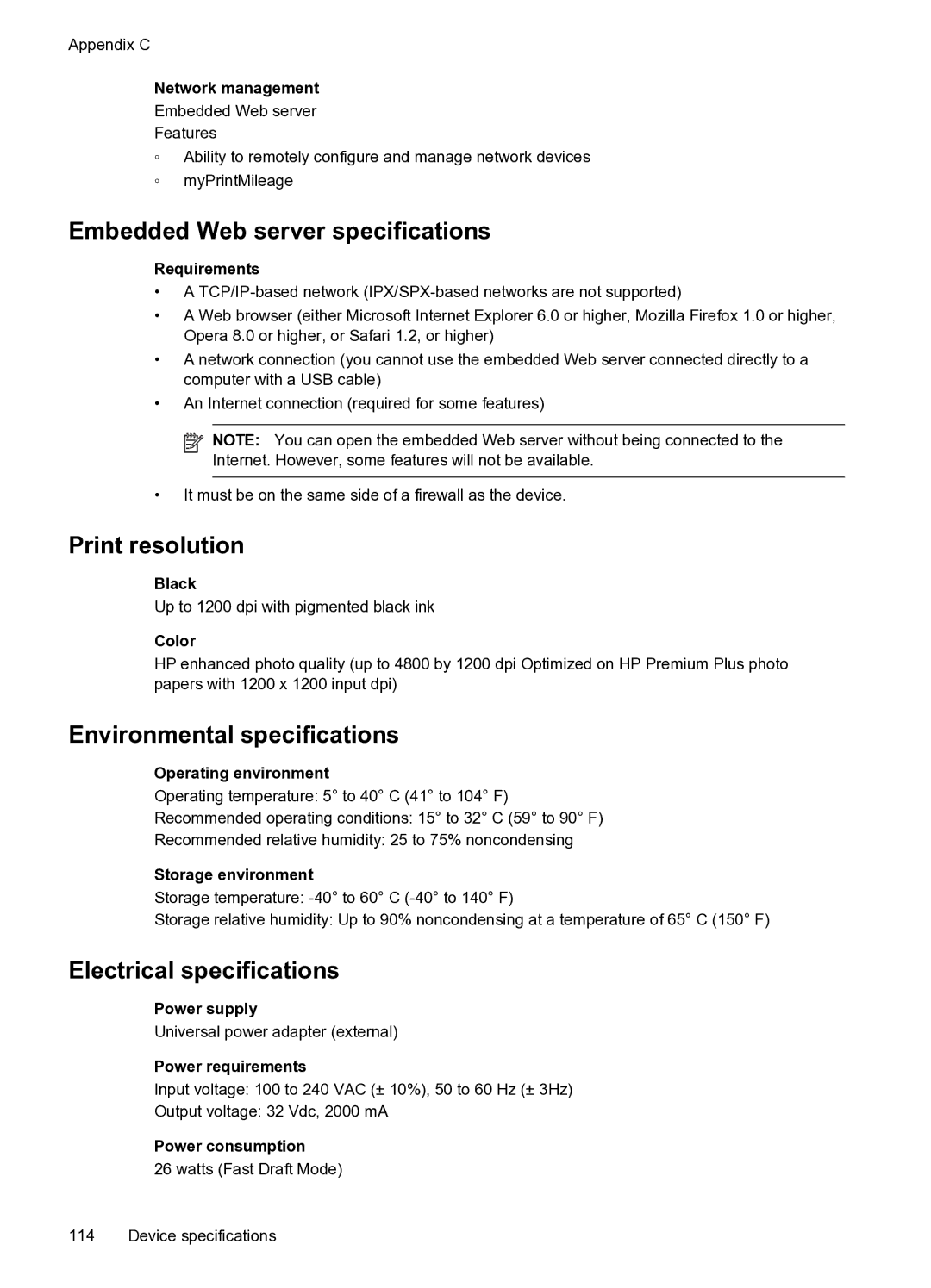 HP Pro 8000 C9297A#B1H manual Embedded Web server specifications, Print resolution, Environmental specifications 