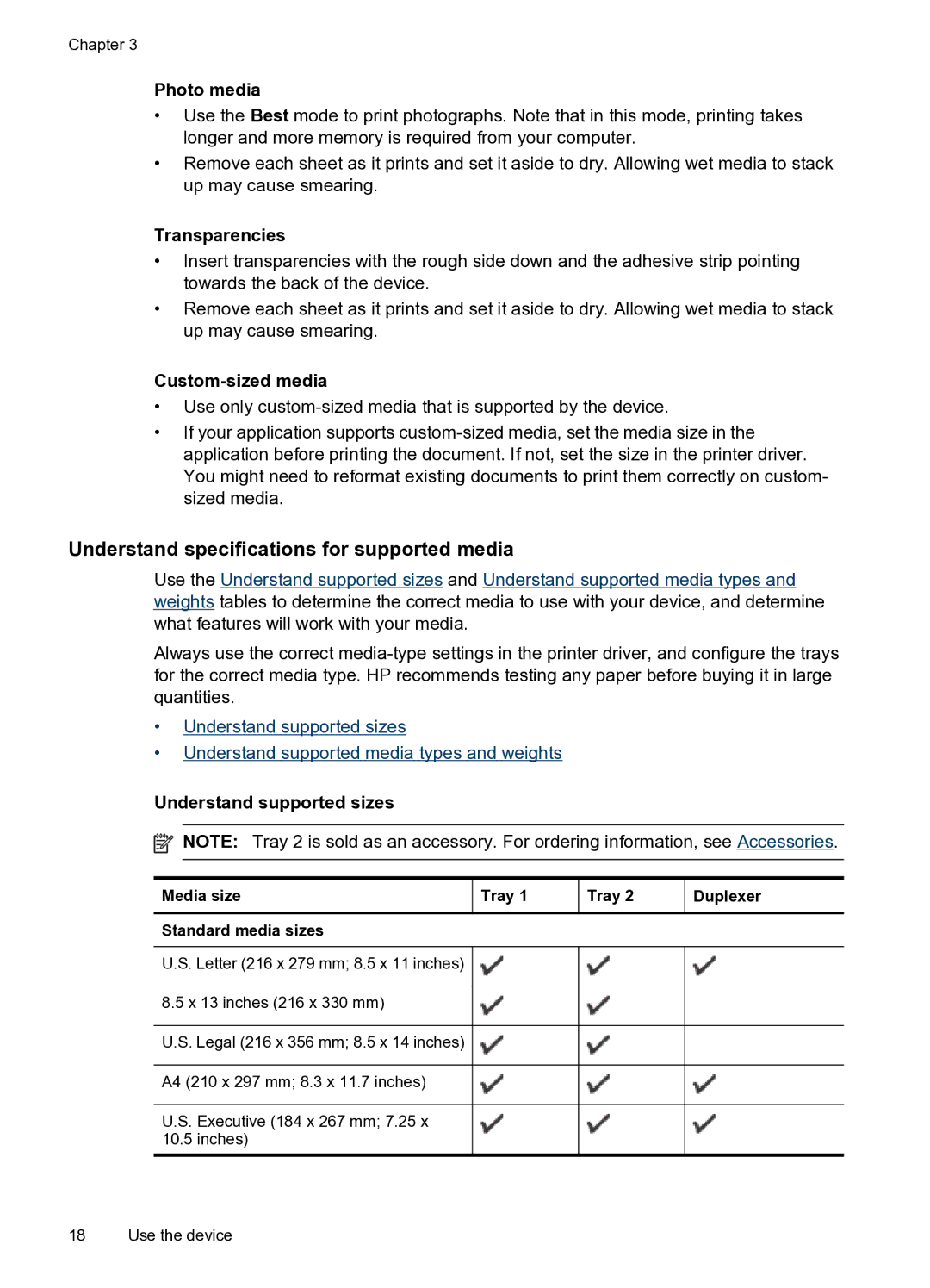 HP Pro 8000 C9297A#B1H Understand specifications for supported media, Photo media, Transparencies, Custom-sized media 