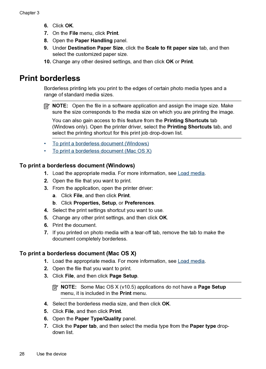 HP Pro 8000 C9297A#B1H Print borderless, To print a borderless document Windows, To print a borderless document Mac OS 