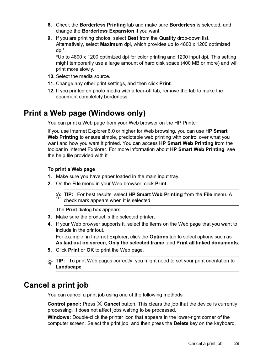 HP Pro 8000 C9297A#B1H manual Print a Web page Windows only, Cancel a print job, To print a Web, Landscape 