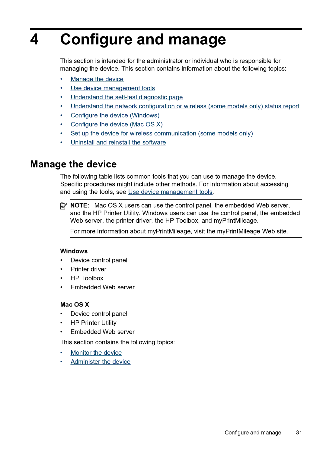 HP Pro 8000 C9297A#B1H manual Configure and manage, Manage the device, Windows, Mac OS 