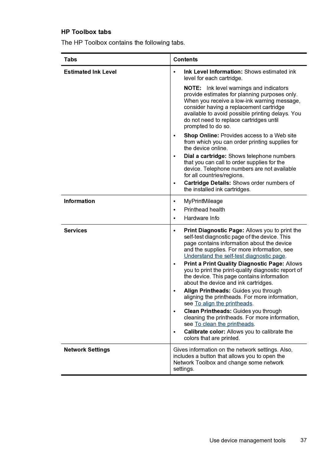 HP Pro 8000 C9297A#B1H manual HP Toolbox tabs 