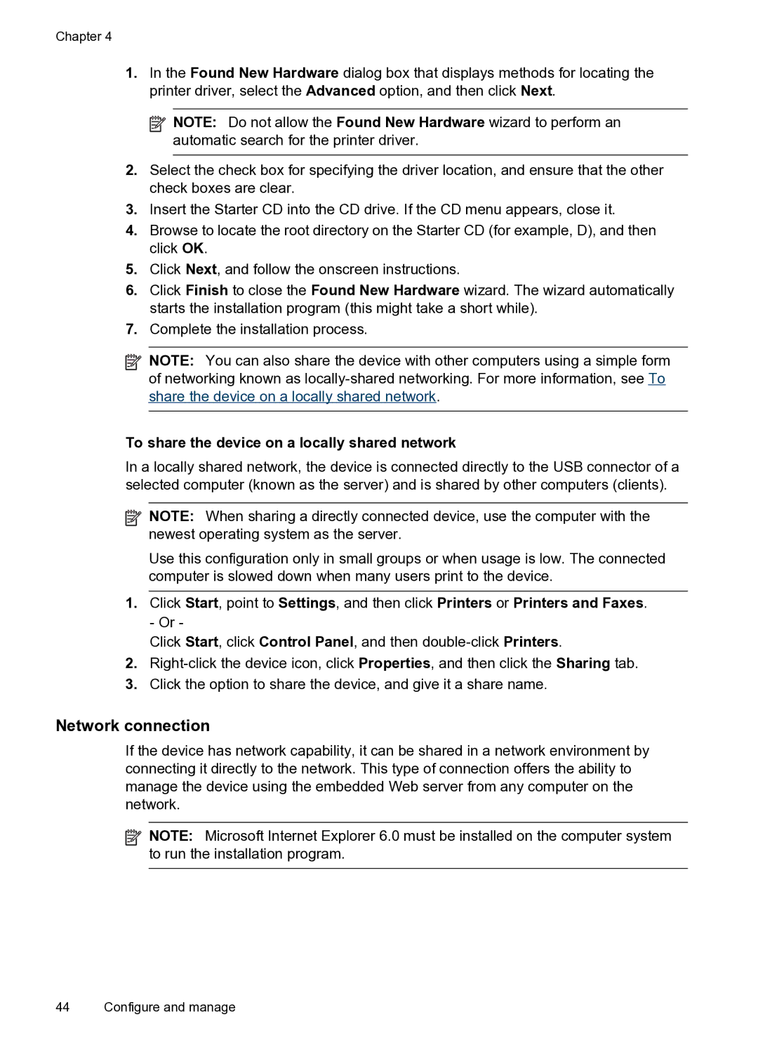 HP Pro 8000 C9297A#B1H manual Network connection, To share the device on a locally shared network 