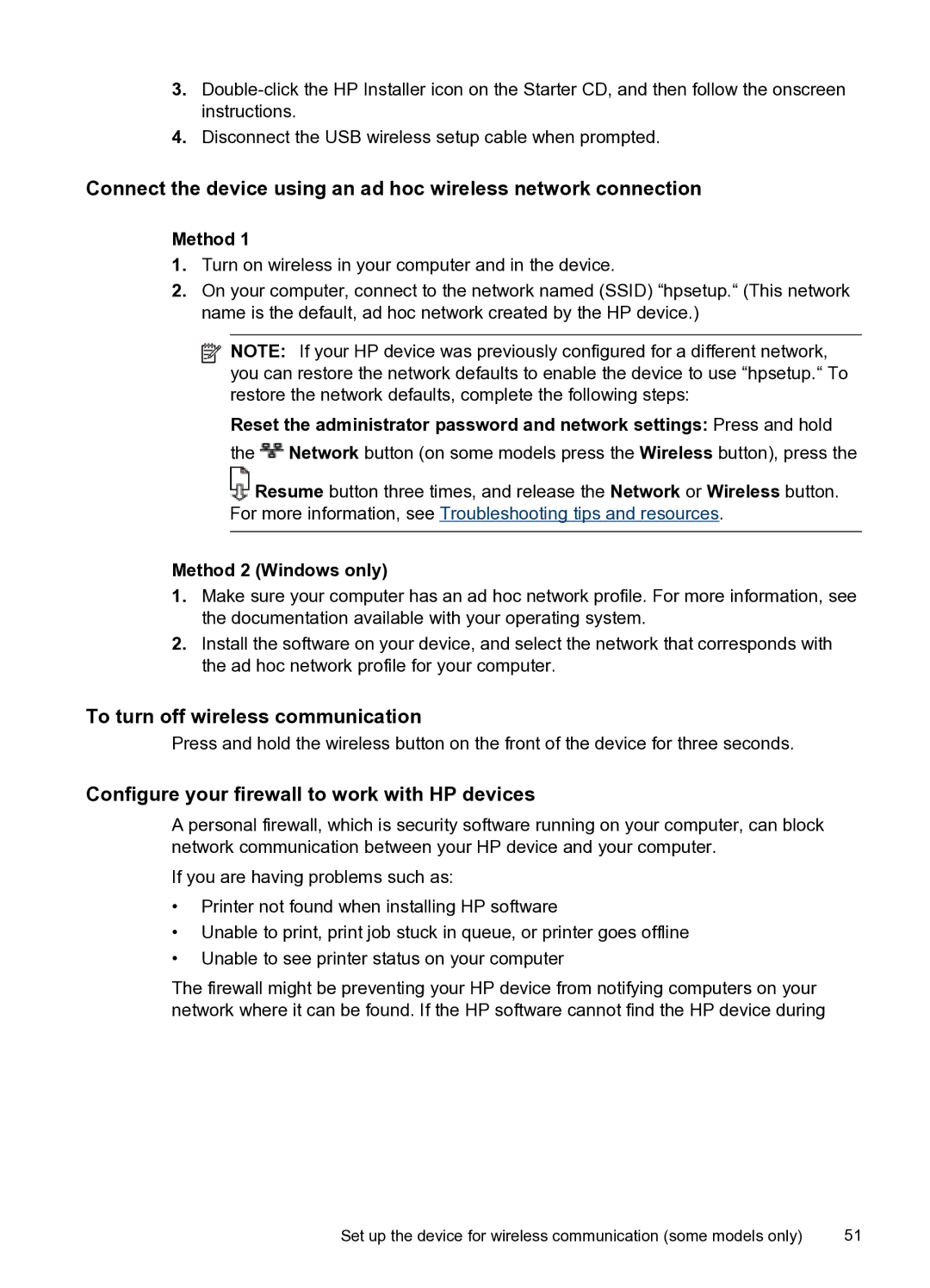 HP Pro 8000 C9297A#B1H manual To turn off wireless communication, Configure your firewall to work with HP devices, Method 