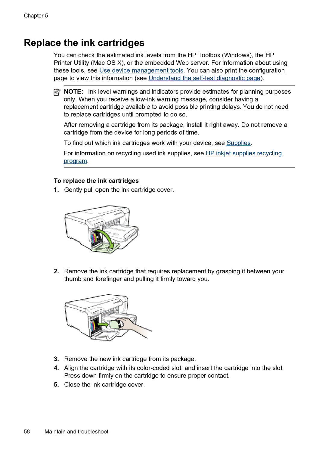 HP Pro 8000 C9297A#B1H manual Replace the ink cartridges, To replace the ink cartridges 