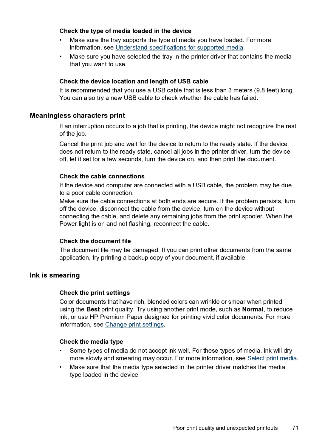 HP Pro 8000 C9297A#B1H manual Meaningless characters print, Ink is smearing 