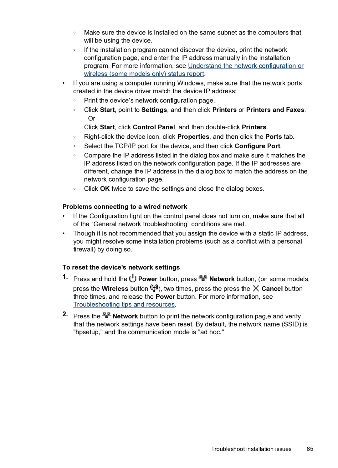HP Pro 8000 C9297A#B1H manual Problems connecting to a wired network, To reset the devices network settings 