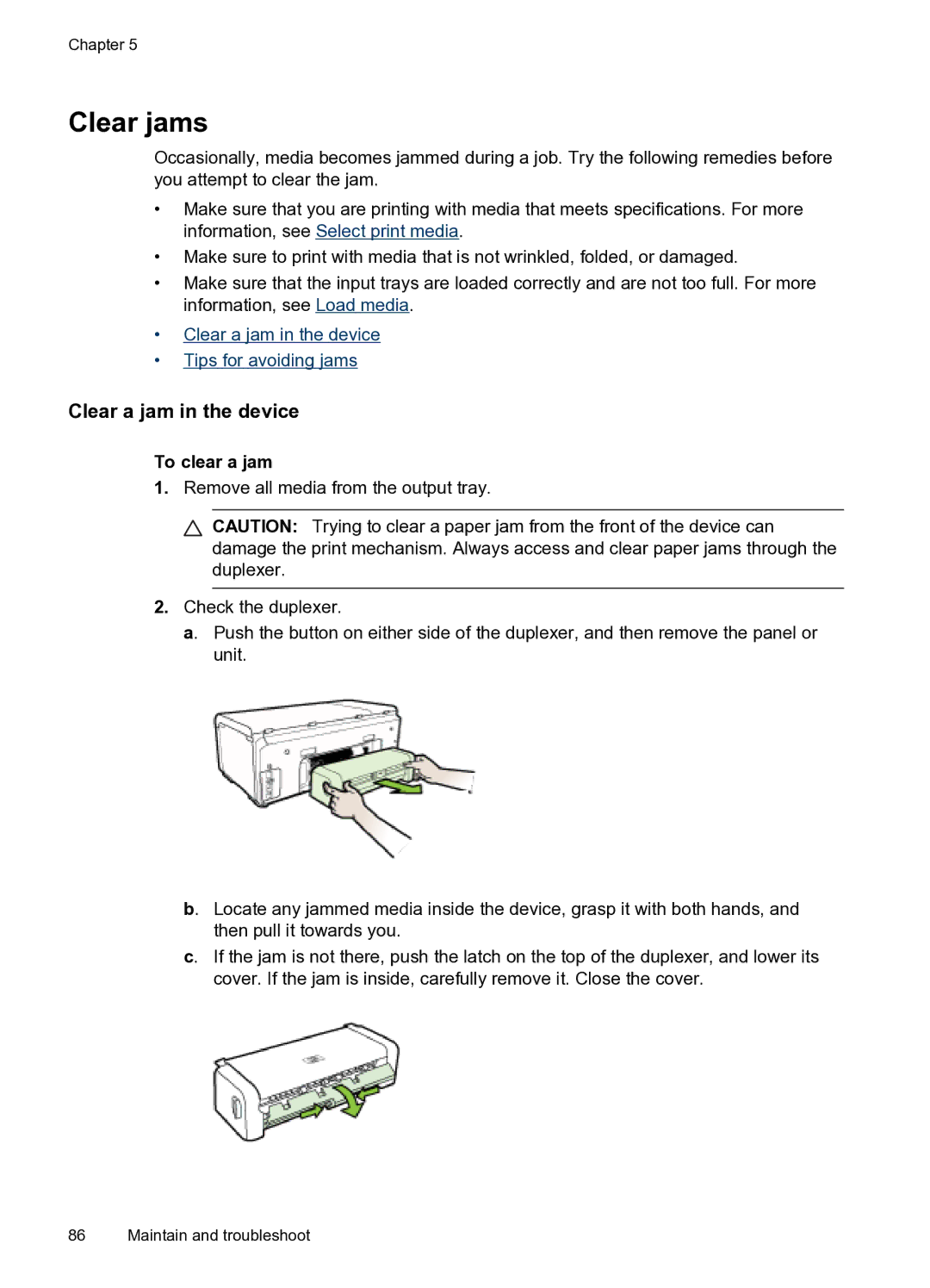 HP Pro 8000 C9297A#B1H manual Clear jams, Clear a jam in the device, To clear a jam 