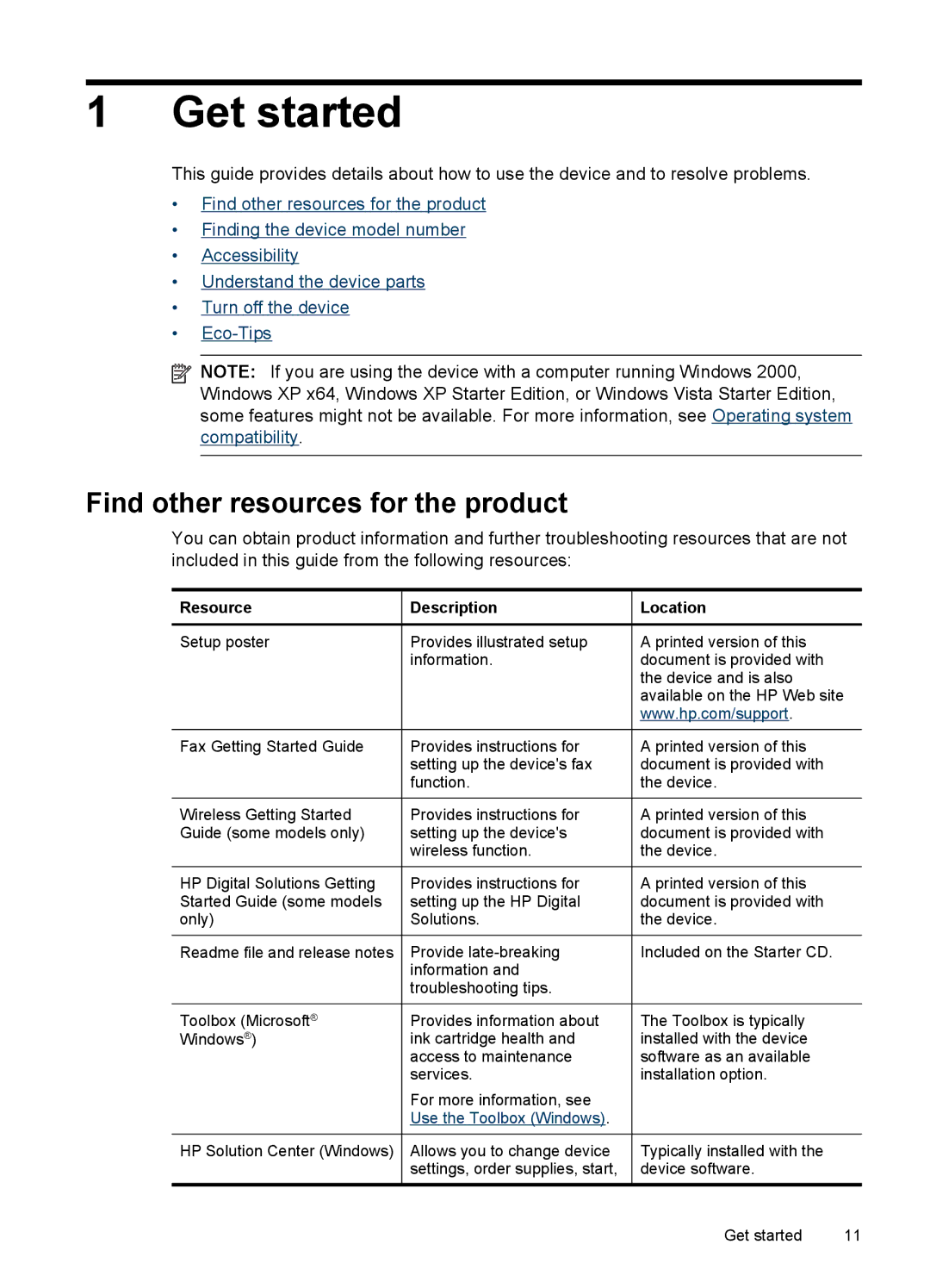 HP Pro 8500 - A909b, Pro 8500 - A909a Get started, Find other resources for the product, Resource Description Location 