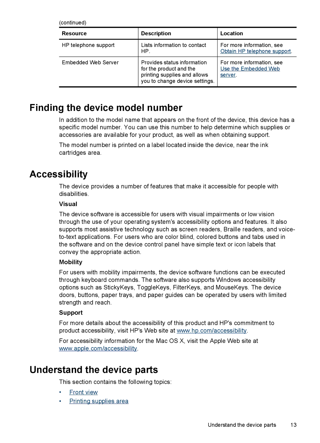 HP Pro 8500 - A909g, Pro 8500 - A909a manual Finding the device model number, Accessibility, Understand the device parts 