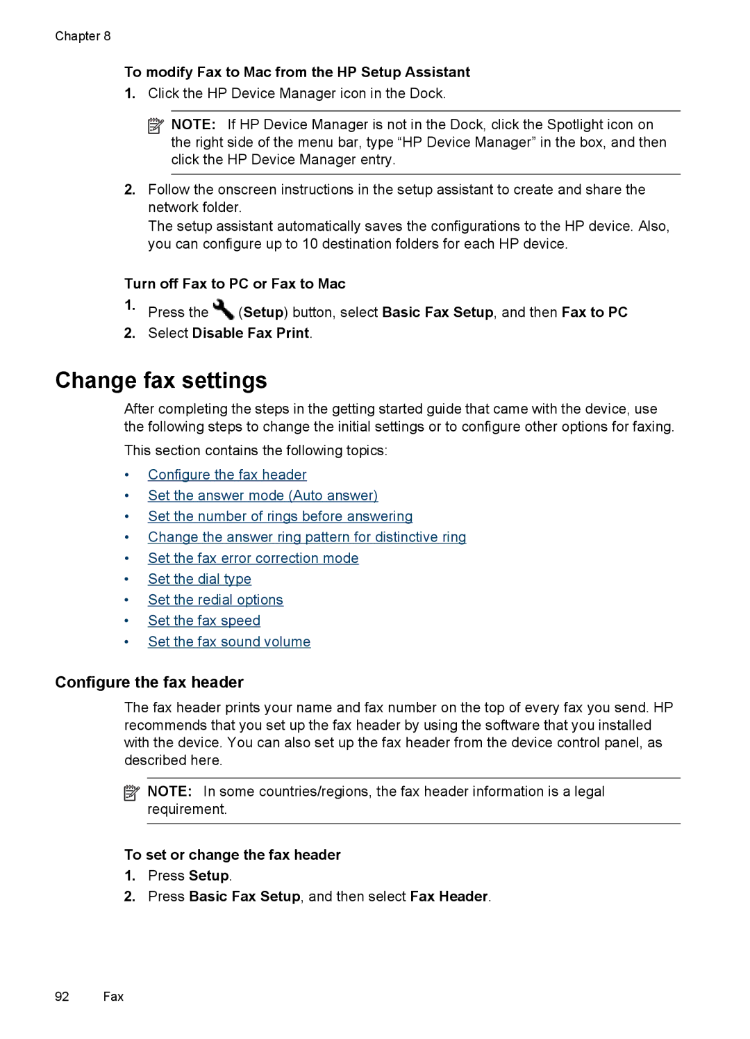 HP Pro 8500 - A909a, Pro 8500 - A909g, Pro 8500 Premier - A909n manual Change fax settings, Configure the fax header 