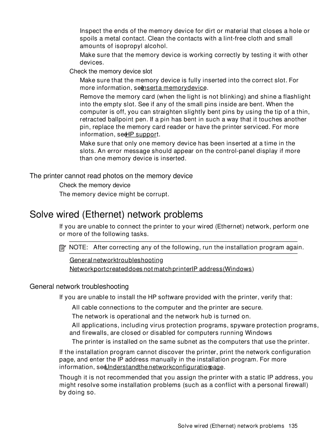 HP Pro 8500A Plus - A910g manual Solve wired Ethernet network problems, Printer cannot read photos on the memory device 