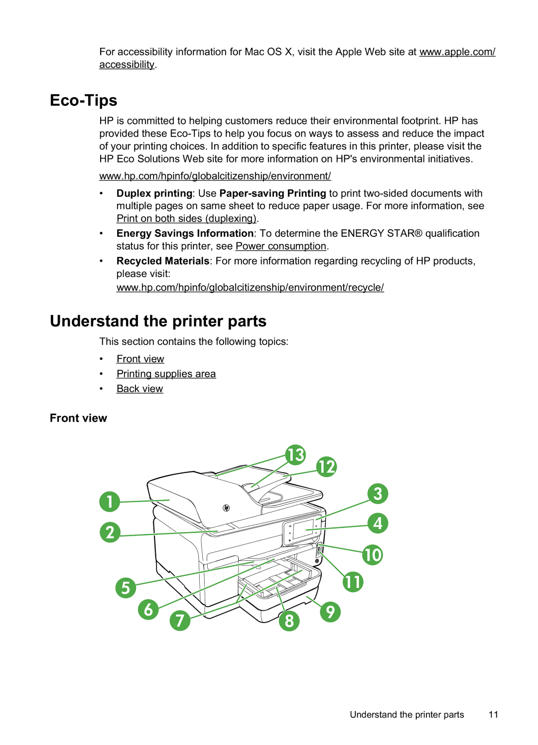 HP Pro 8500A - A910a, Pro 8500A Plus - A910g, Pro 8500A Premium - A910n Eco-Tips, Understand the printer parts, Front view 