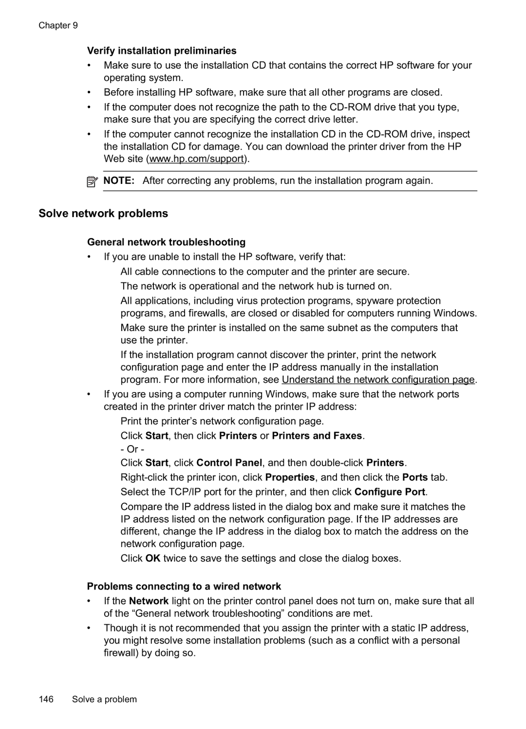 HP Pro 8500A - A910a manual Solve network problems, Verify installation preliminaries, General network troubleshooting 