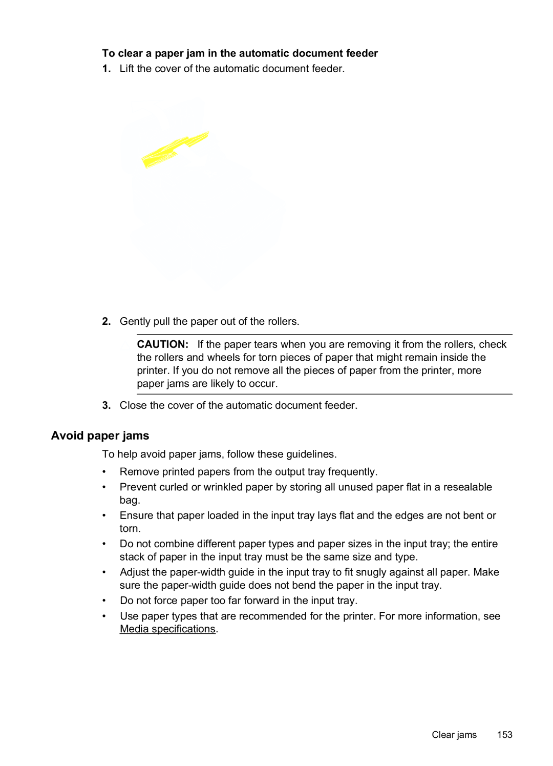 HP Pro 8500A Plus - A910g, Pro 8500A - A910a manual Avoid paper jams, To clear a paper jam in the automatic document feeder 