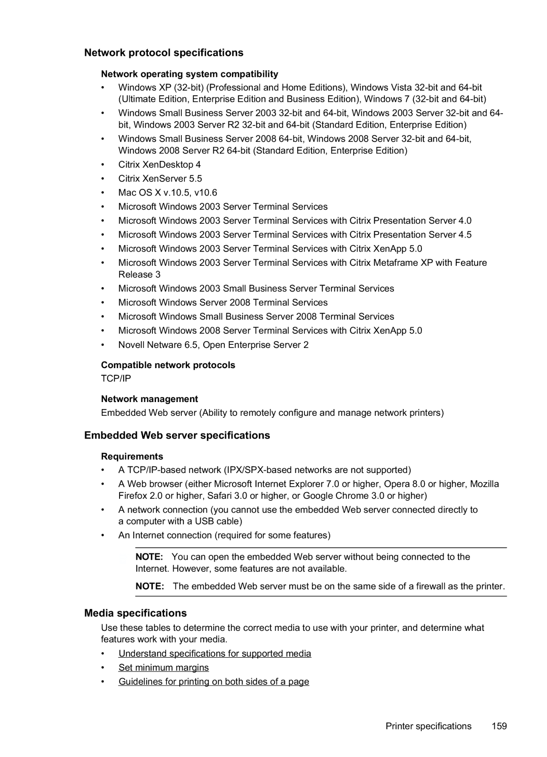 HP Pro 8500A Plus - A910g manual Network protocol specifications, Embedded Web server specifications, Media specifications 