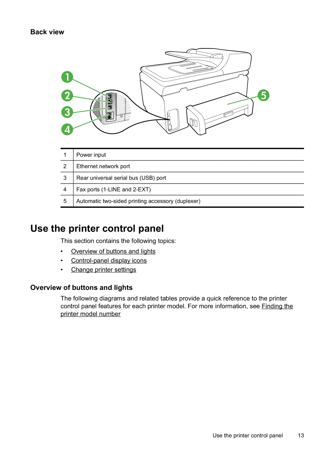 HP Pro 8500A Premium - A910n, Pro 8500A - A910a Use the printer control panel, Back view, Overview of buttons and lights 