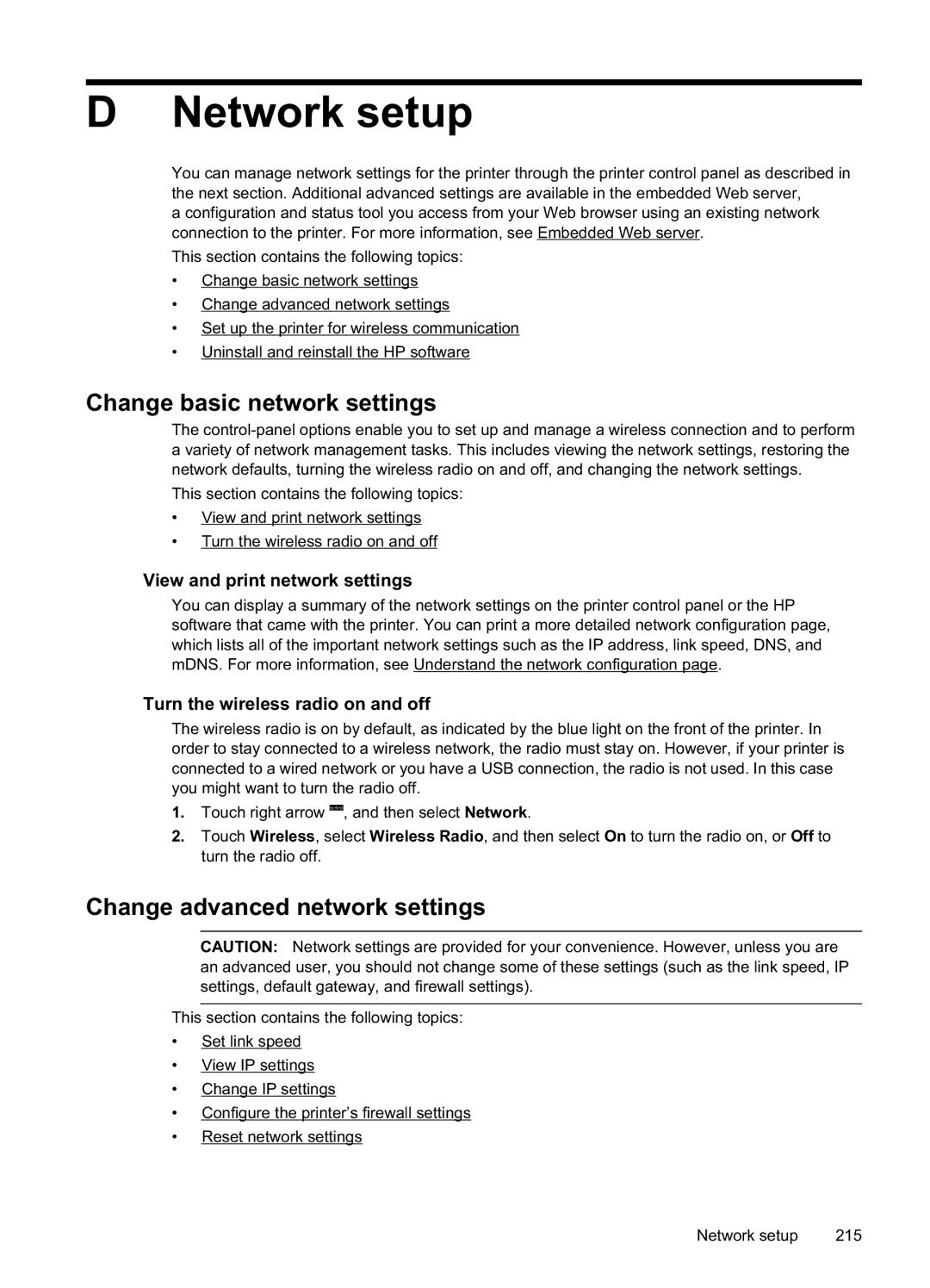 HP Pro 8500A - A910a manual Network setup, Change basic network settings, Change advanced network settings 