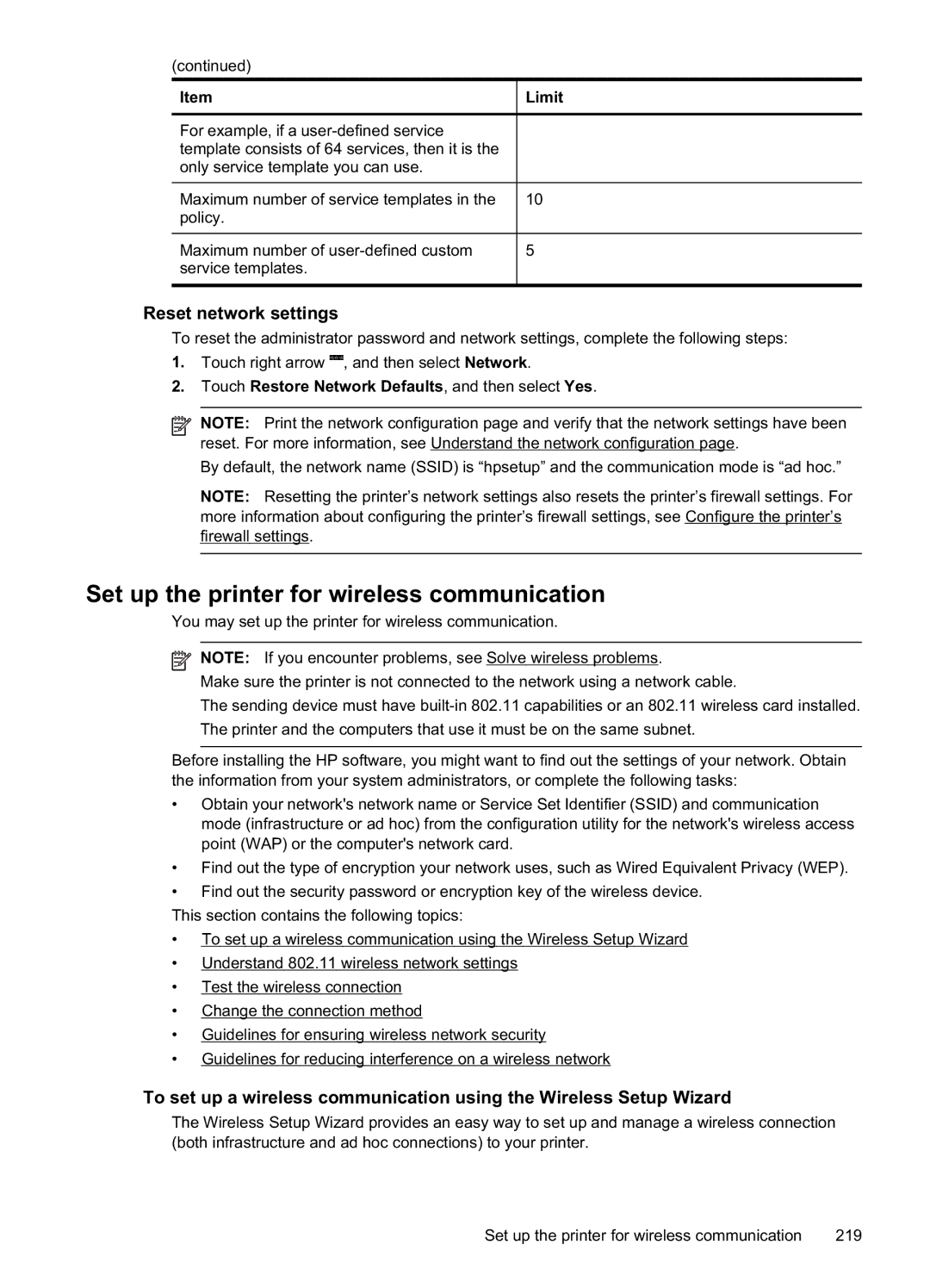 HP Pro 8500A Plus - A910g, Pro 8500A - A910a manual Set up the printer for wireless communication, Reset network settings 