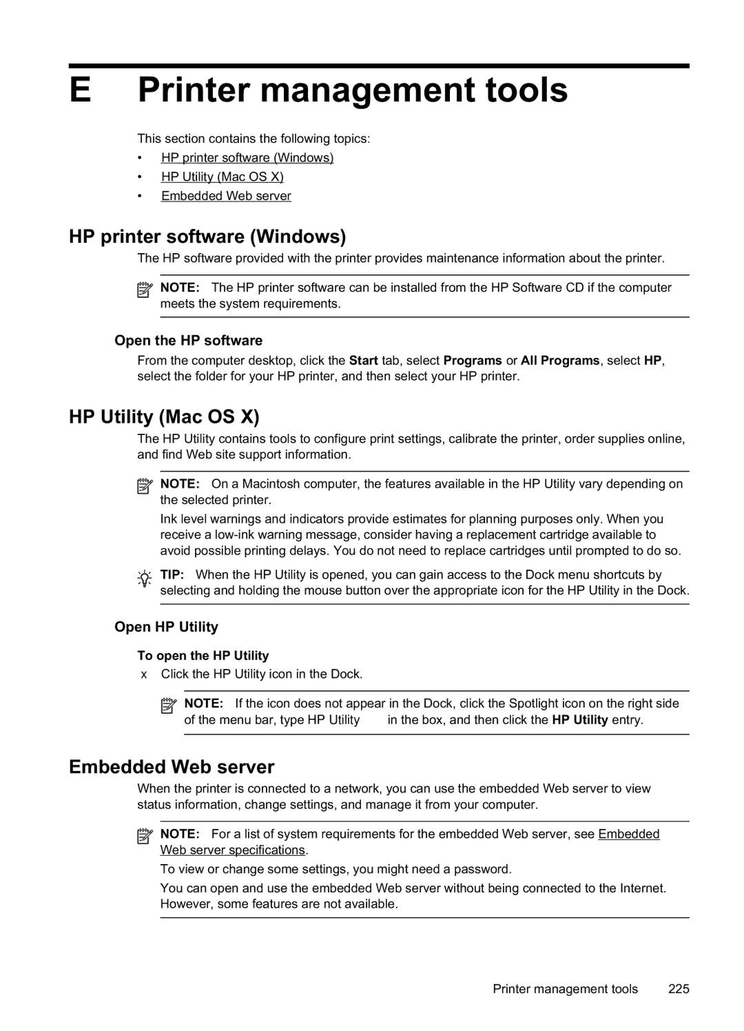 HP Pro 8500A Plus - A910g Printer management tools, HP printer software Windows, HP Utility Mac OS, Embedded Web server 