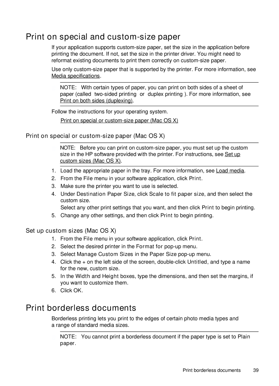 HP Pro 8500A Plus - A910g Print on special and custom-size paper, Print borderless documents, Set up custom sizes Mac OS 