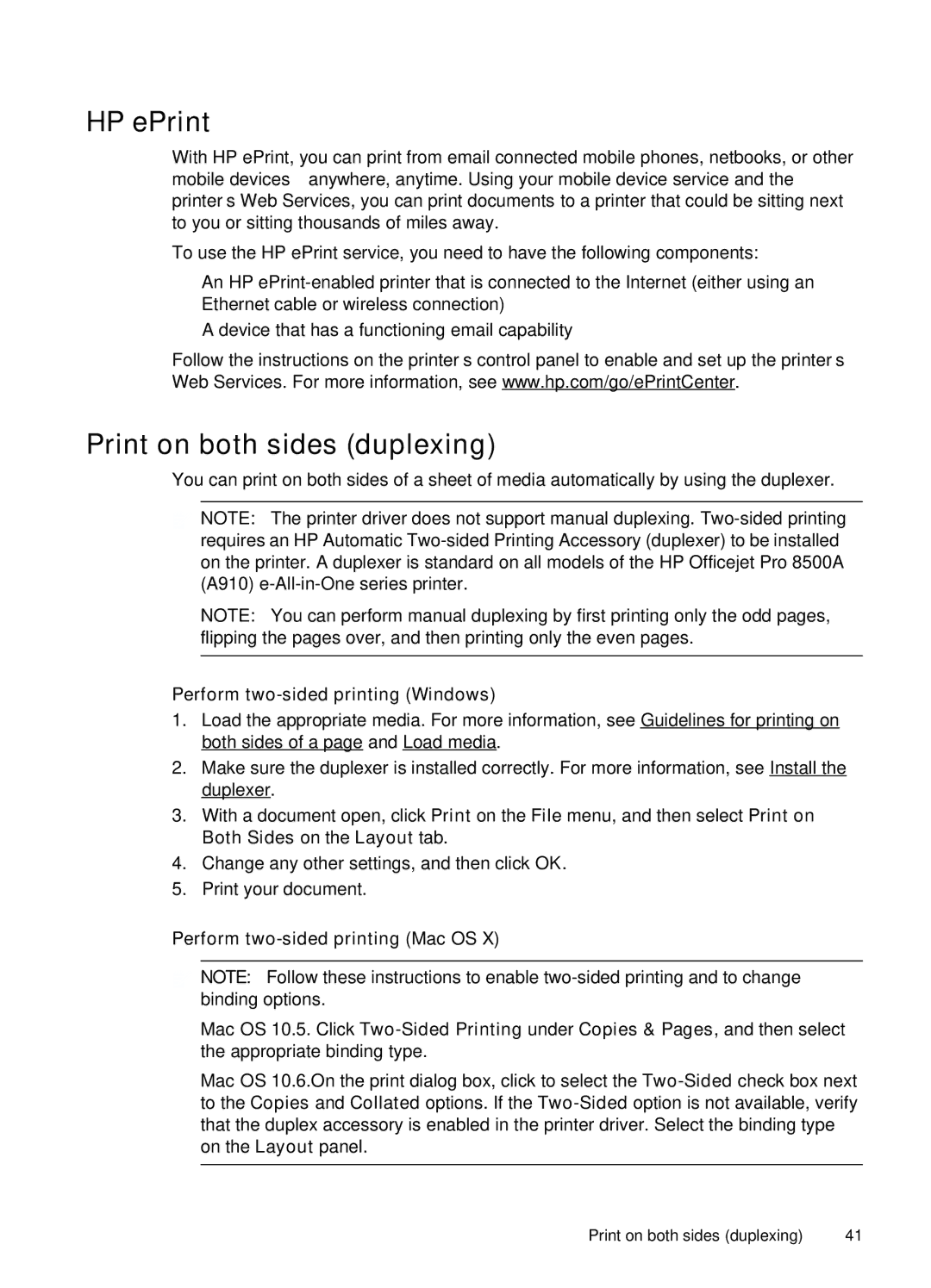 HP Pro 8500A - A910a, Pro 8500A Plus - A910g HP ePrint, Print on both sides duplexing, Perform two-sided printing Windows 