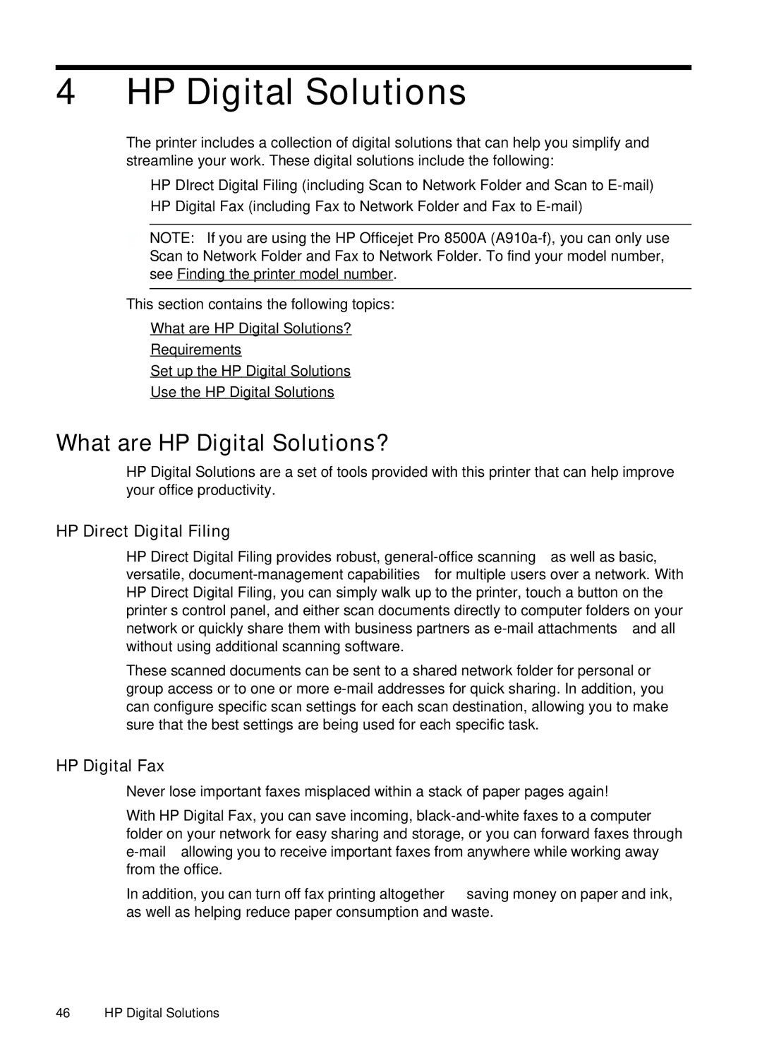 HP Pro 8500A Premium - A910n manual What are HP Digital Solutions?, HP Direct Digital Filing, HP Digital Fax 