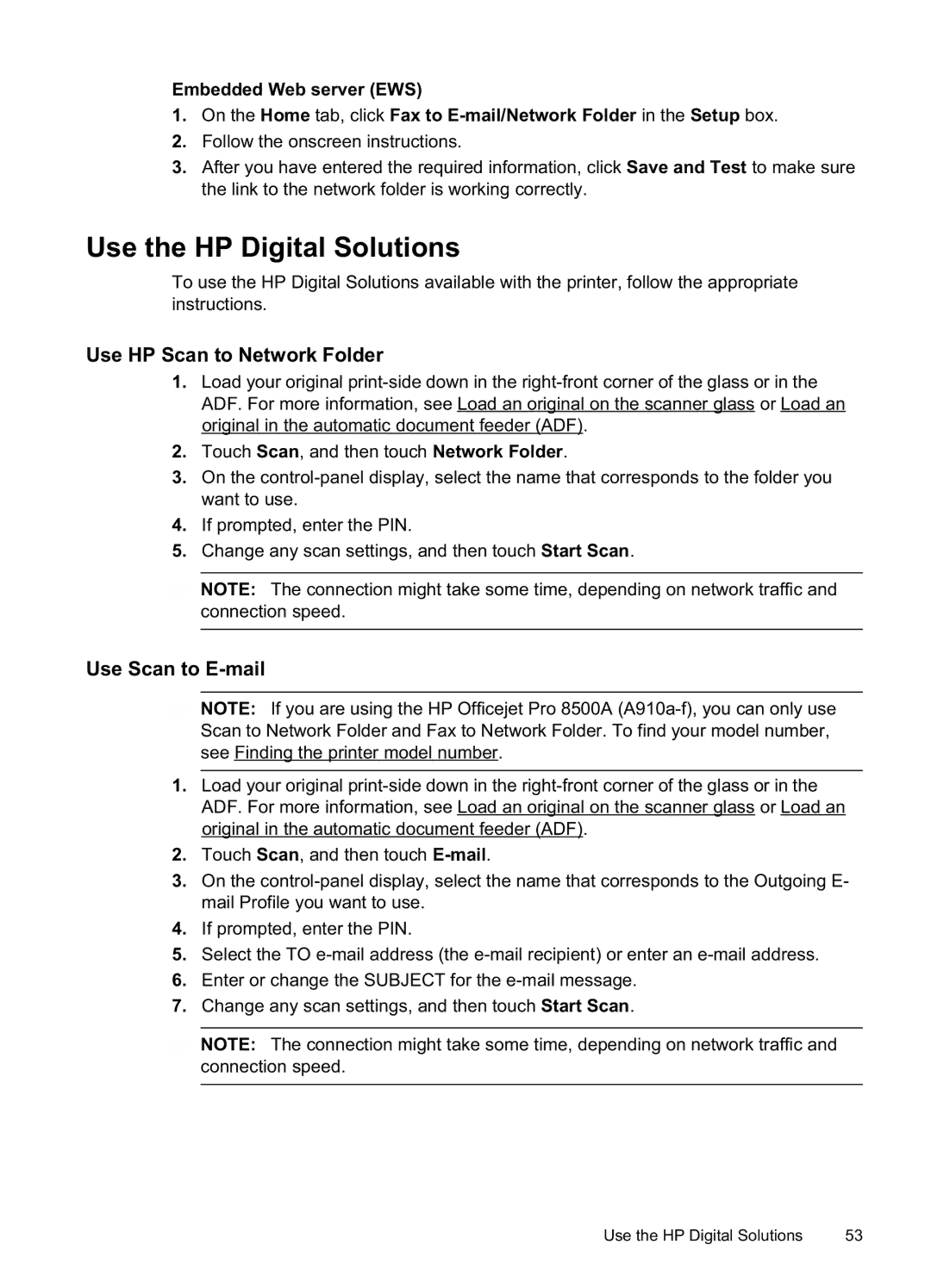 HP Pro 8500A - A910a manual Use the HP Digital Solutions, Use HP Scan to Network Folder, Use Scan to E-mail 