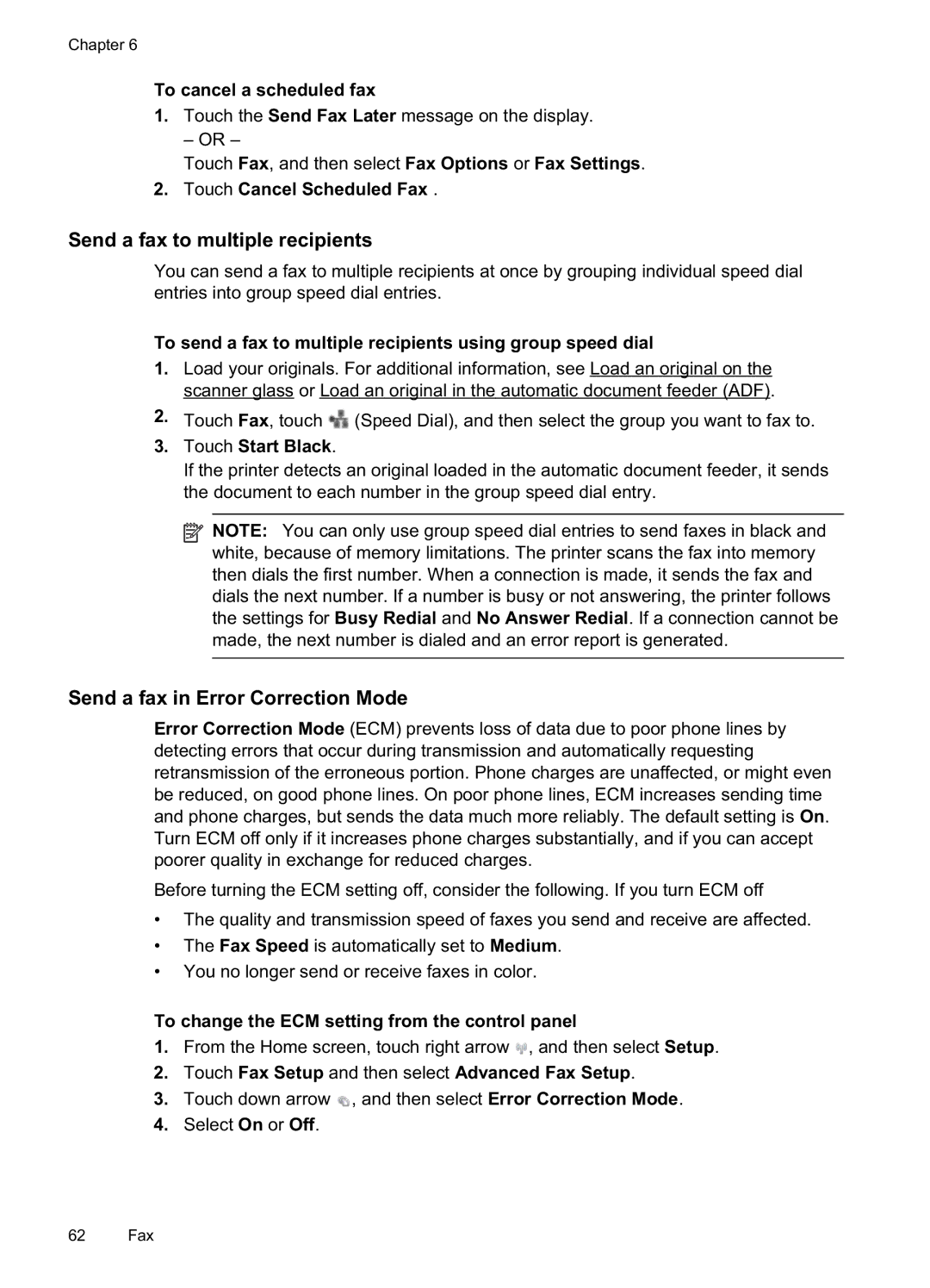 HP Pro 8500A - A910a, Pro 8500A Plus - A910g manual Send a fax to multiple recipients, Send a fax in Error Correction Mode 