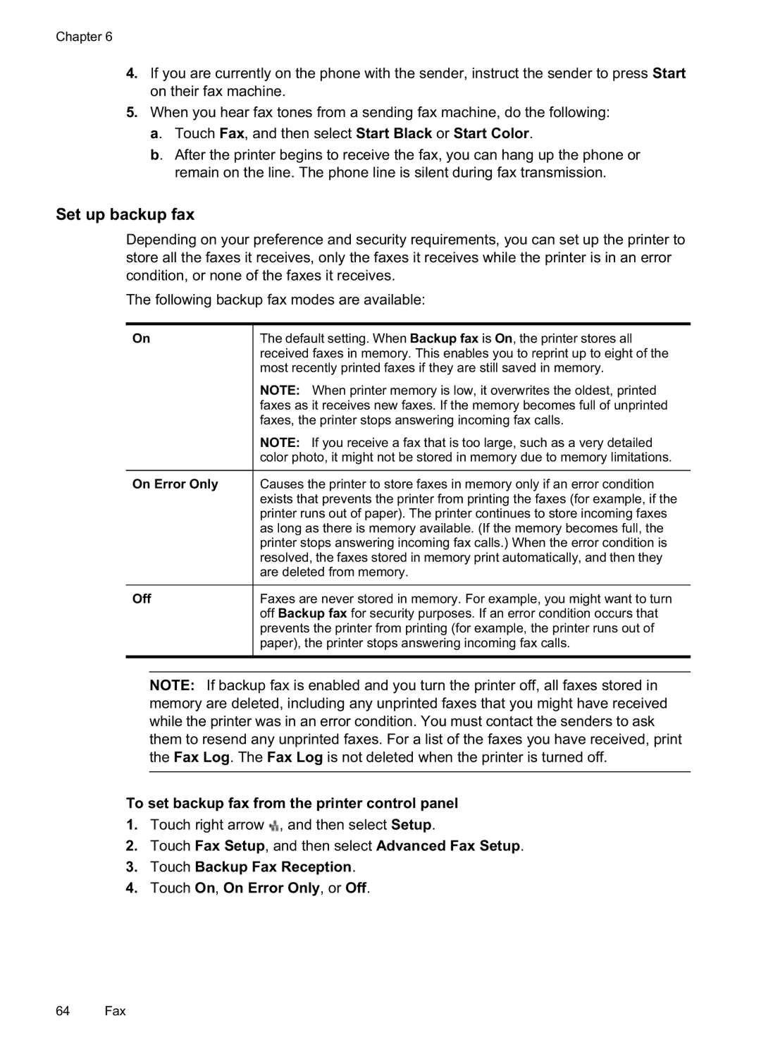 HP Pro 8500A Premium - A910n manual Set up backup fax, To set backup fax from the printer control panel, On Error Only, Off 