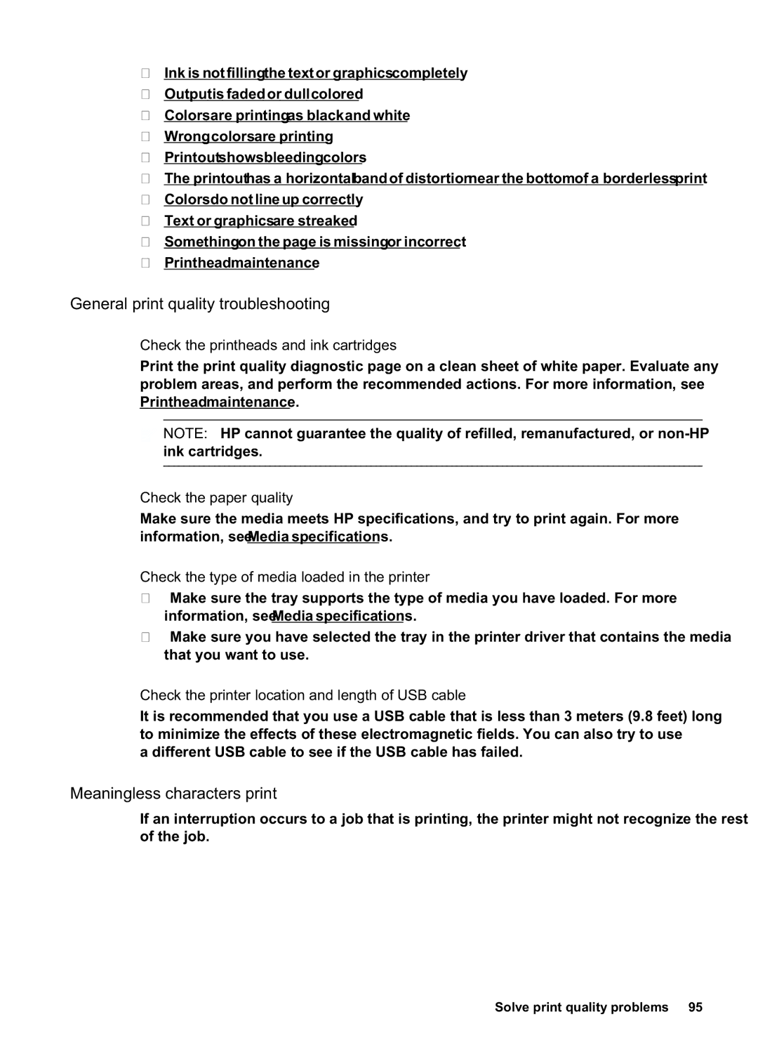 HP Pro 8500A - A910a manual General print quality troubleshooting, Meaningless characters print, Check the paper quality 