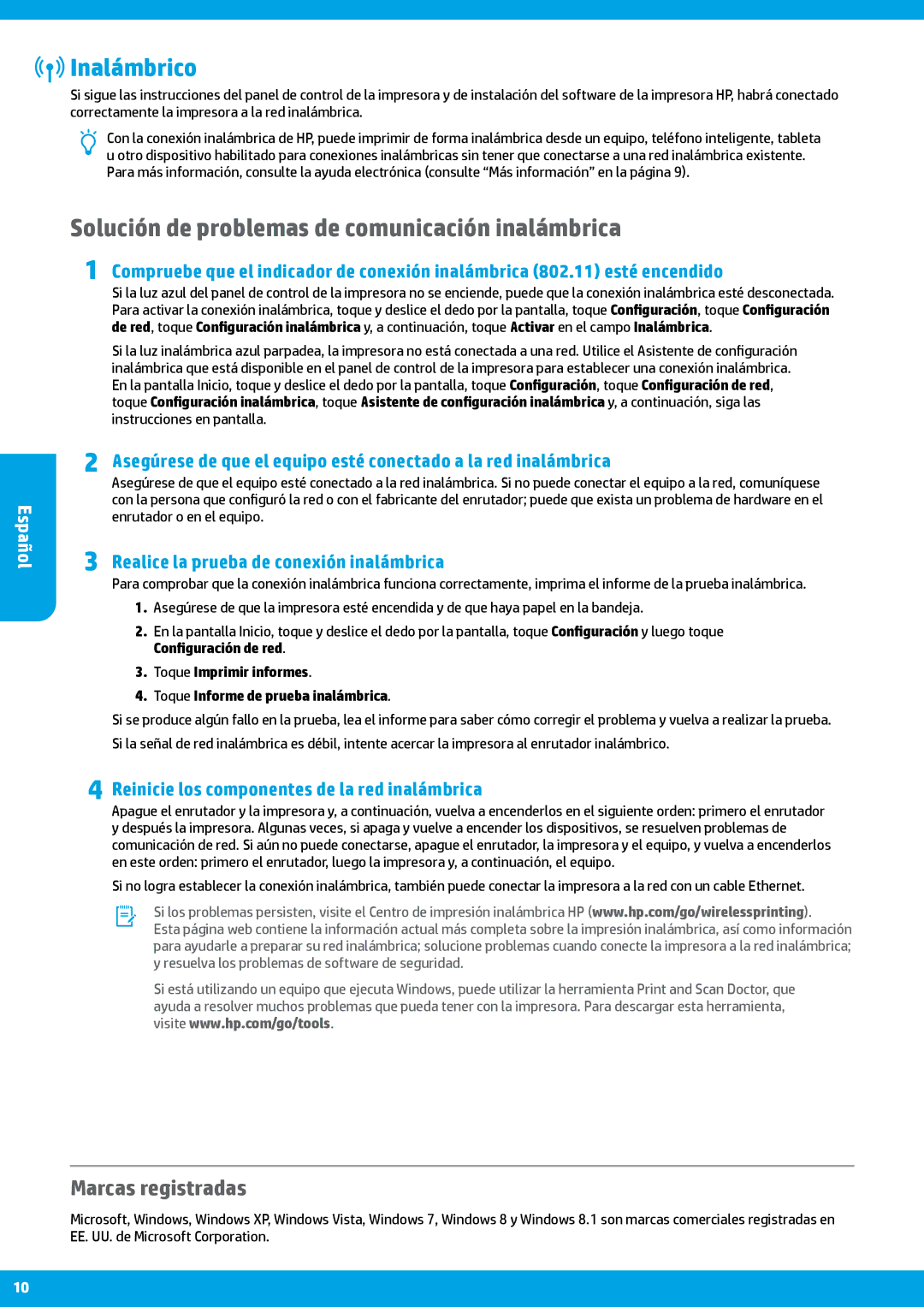 HP Pro 8620, Pro 8615, Pro 8625 manual Inalámbrico, Solución de problemas de comunicación inalámbrica, Marcas registradas 