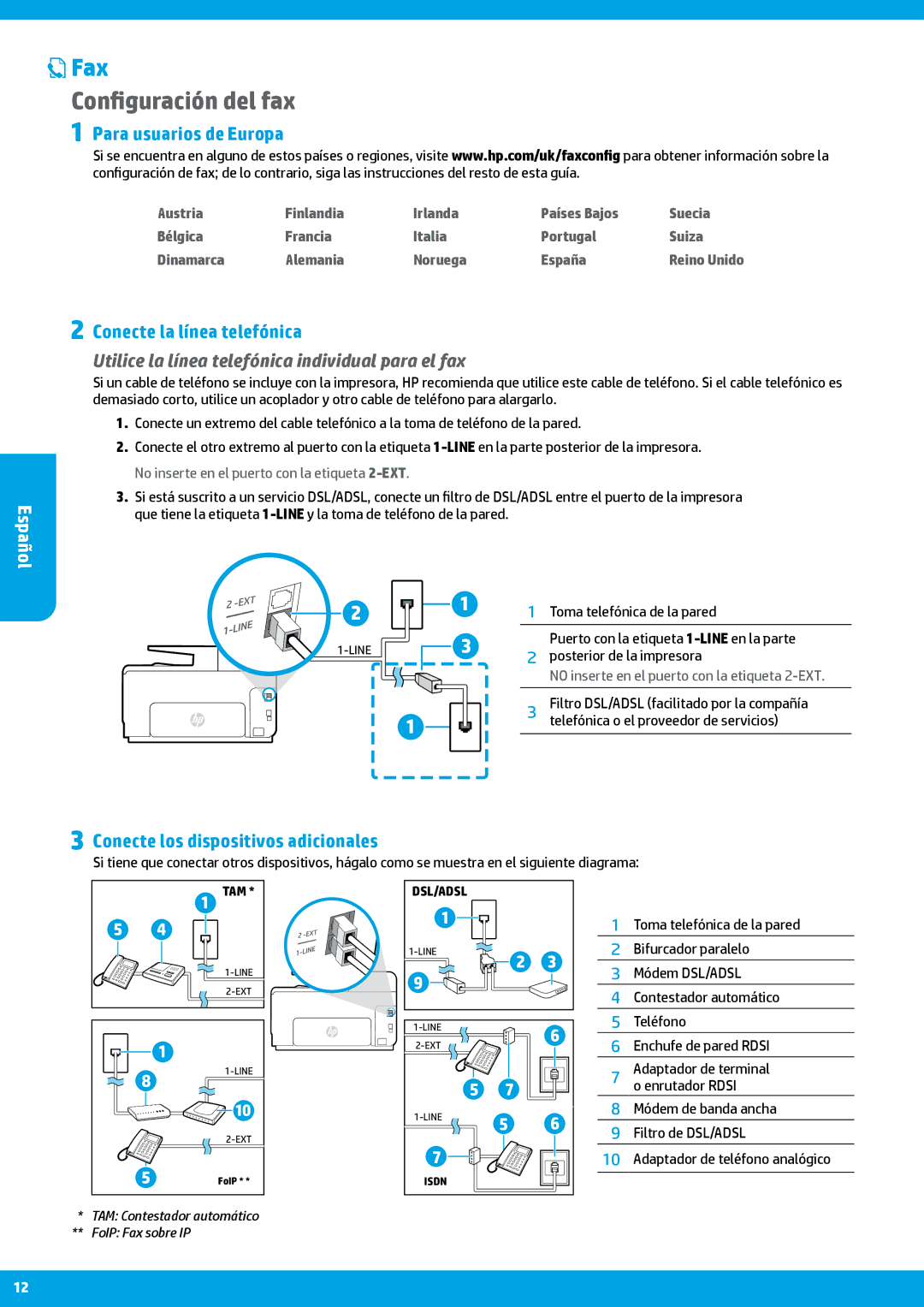 HP Pro 8615, Pro 8620, Pro 8625 manual Configuración del fax, Para usuarios de Europa, Conecte la línea telefónica 