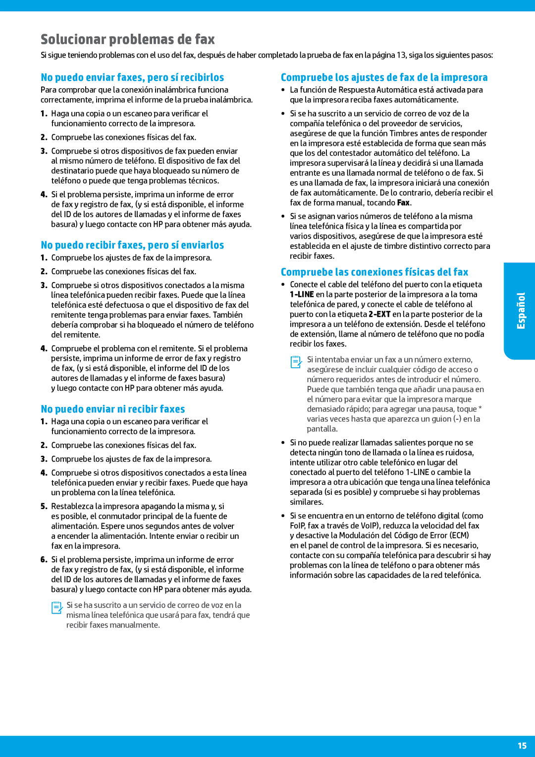 HP Pro 8615 manual Solucionar problemas de fax, No puedo enviar faxes, pero sí recibirlos, No puedo enviar ni recibir faxes 