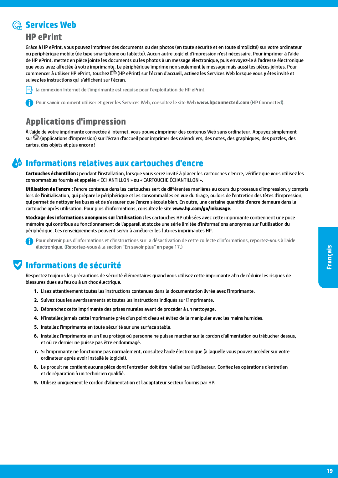 HP Pro 8620 Services Web, Applications dimpression, Informations relatives aux cartouches dencre, Informations de sécurité 