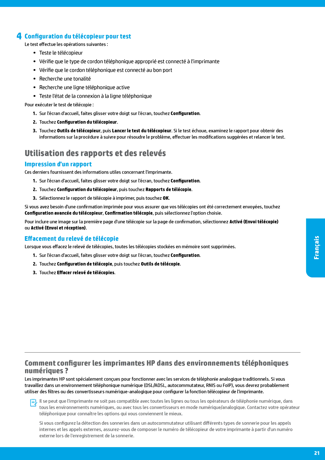 HP Pro 8615 manual Utilisation des rapports et des relevés, Configuration du télécopieur pour test, Impression dun rapport 