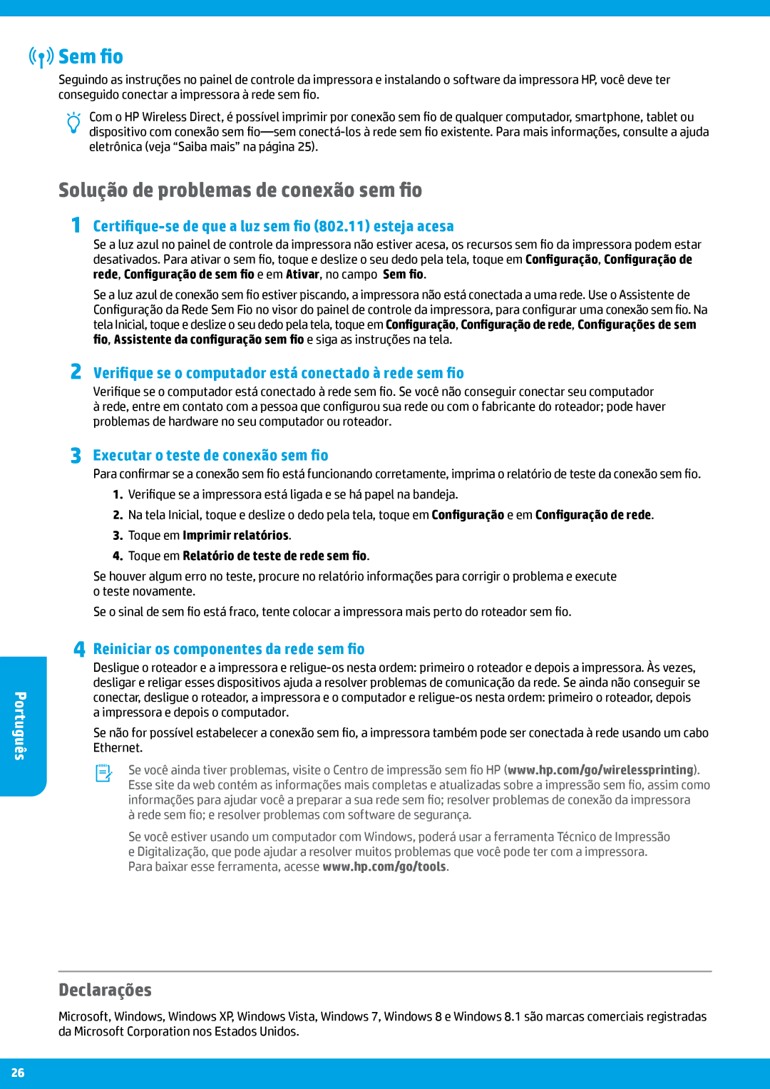 HP Pro 8625, Pro 8615, Pro 8620 manual Sem fio, Solução de problemas de conexão sem fio, Declarações 