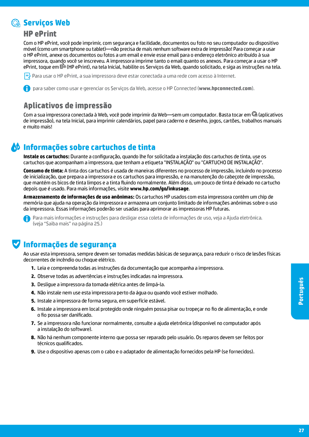 HP Pro 8615 manual Serviços Web, Aplicativos de impressão, Informações sobre cartuchos de tinta, Informações de segurança 