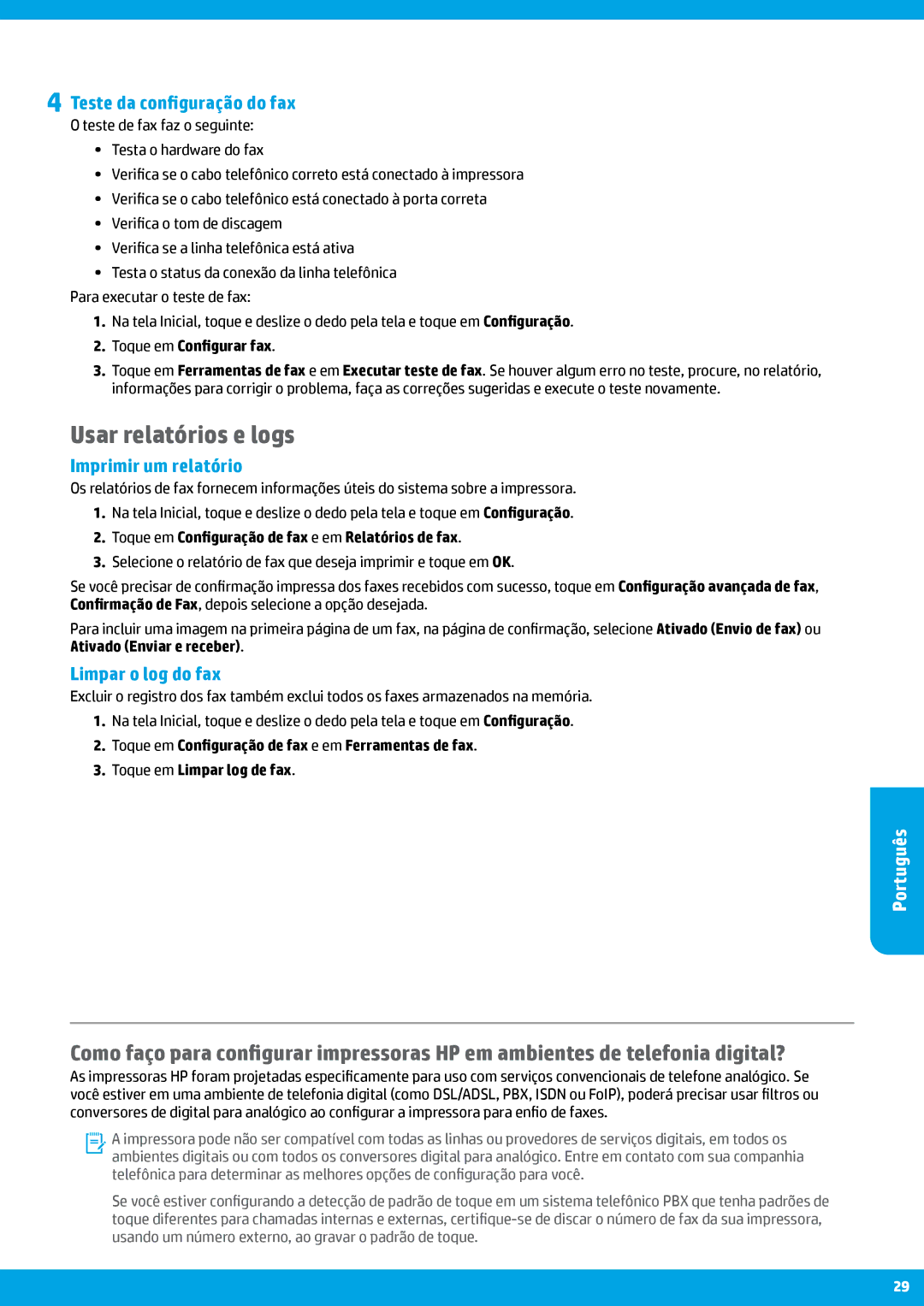 HP Pro 8625, Pro 8615, Pro 8620 Usar relatórios e logs, Imprimir um relatório, Limpar o log do fax, Toque em Configurar fax 