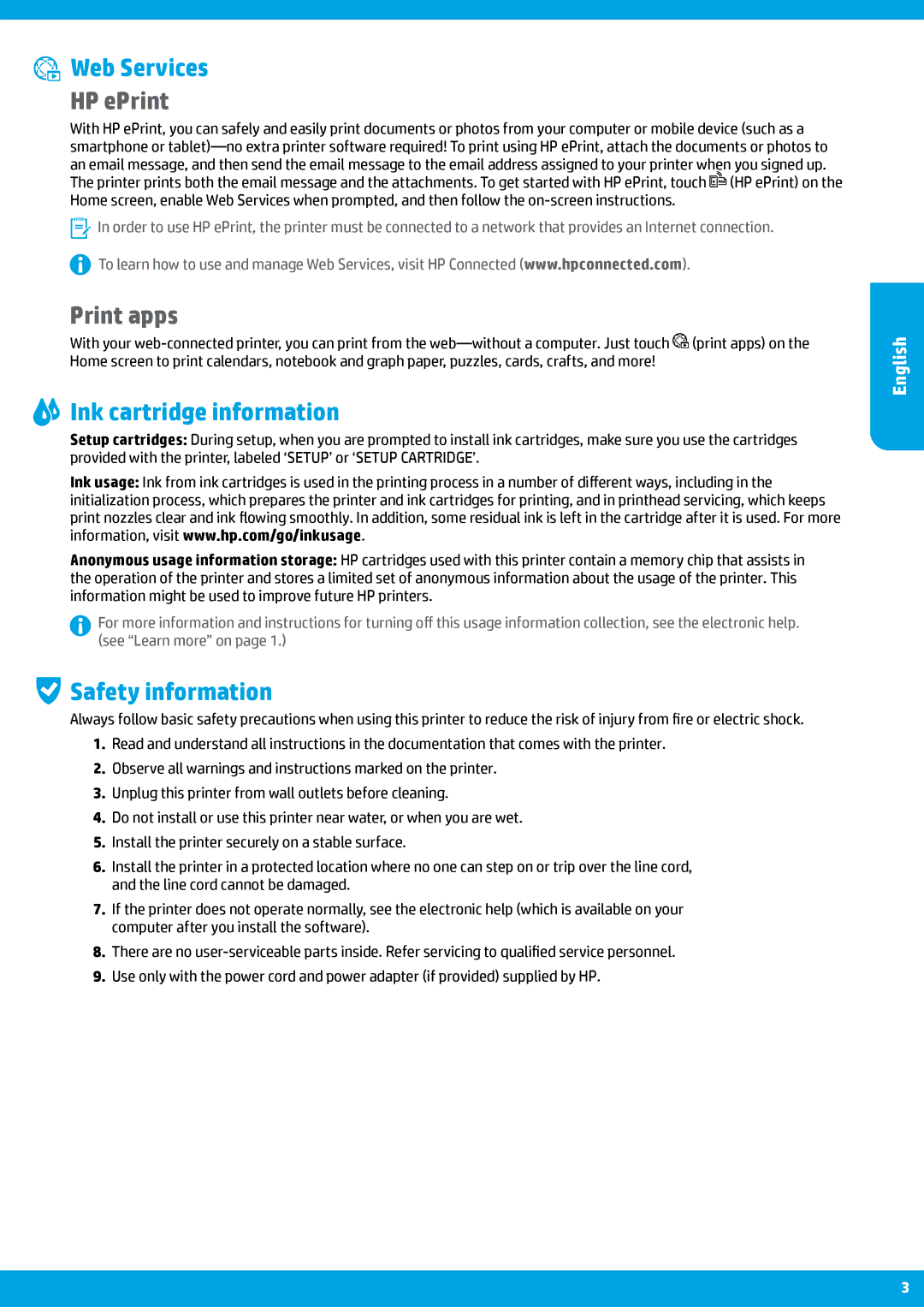 HP Pro 8615, Pro 8620, Pro 8625 manual Web Services, HP ePrint, Print apps, Ink cartridge information, Safety information 