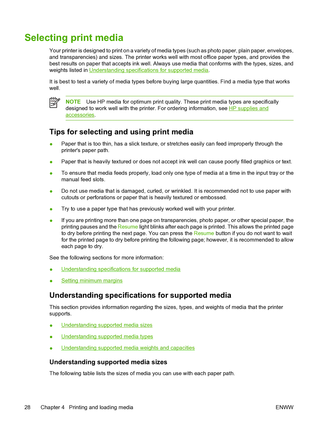 HP Pro B8300 manual Selecting print media, Tips for selecting and using print media, Understanding supported media sizes 