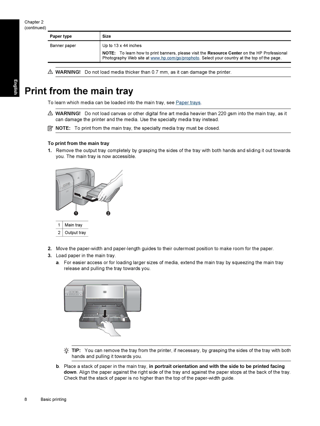 HP Pro B8800 manual Print from the main tray, To print from the main tray, Paper type 