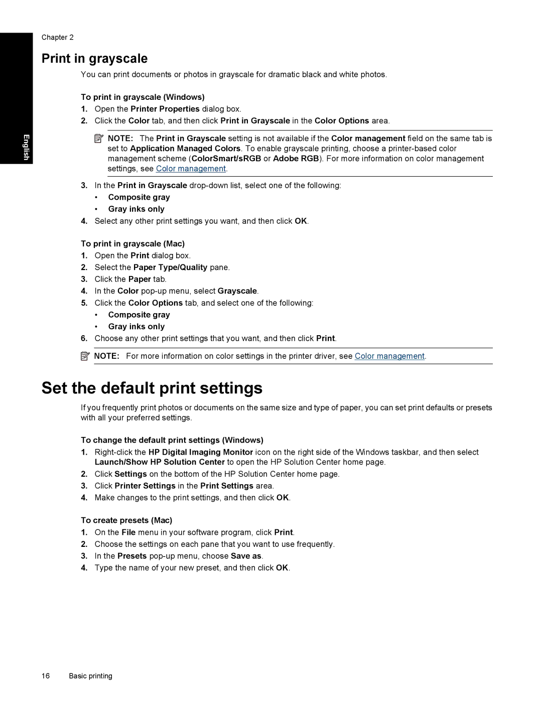 HP Pro B8800 manual Set the default print settings, Print in grayscale 